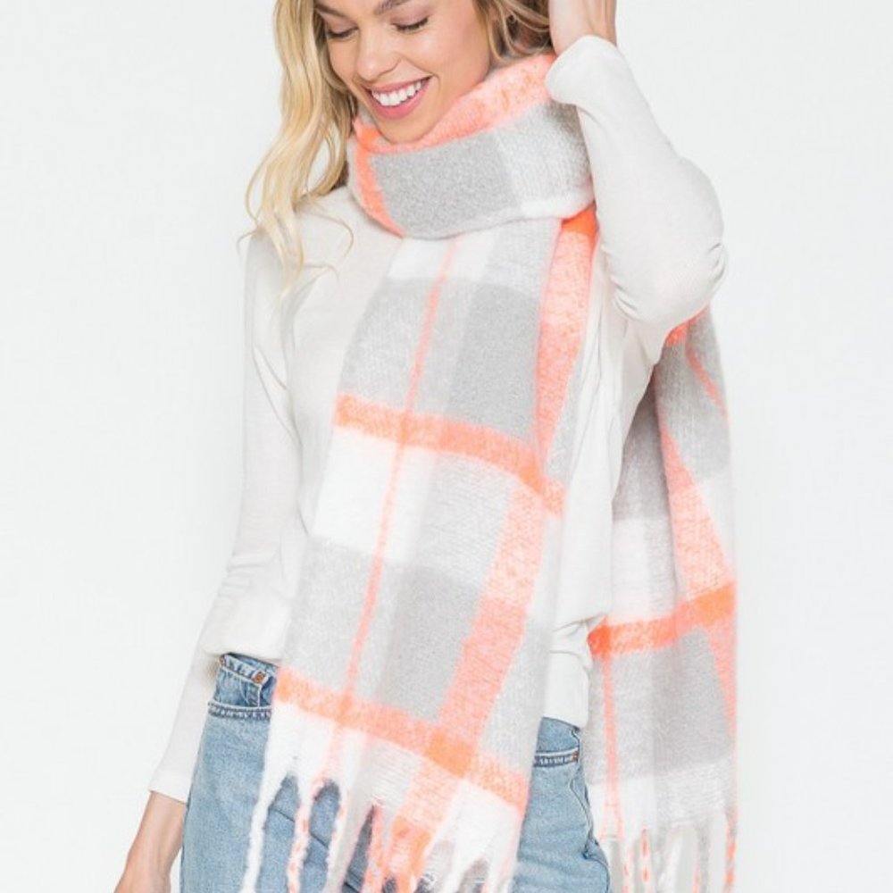 Gray, Orange & Ivory Plaid Scarf with Whimsical Fringe